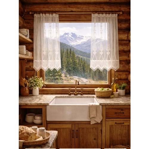 Buldan Tül Perde El İşi Dantelli makro ( zincir)Desen Rustikli 2 Parcalı (225x160)