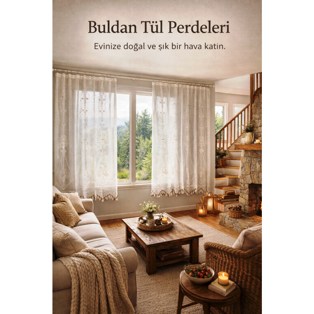 Buldan Tül Perde El İşi Dantelli makro ( zincir)Desen Rustikli 2 Parcalı (250x190)