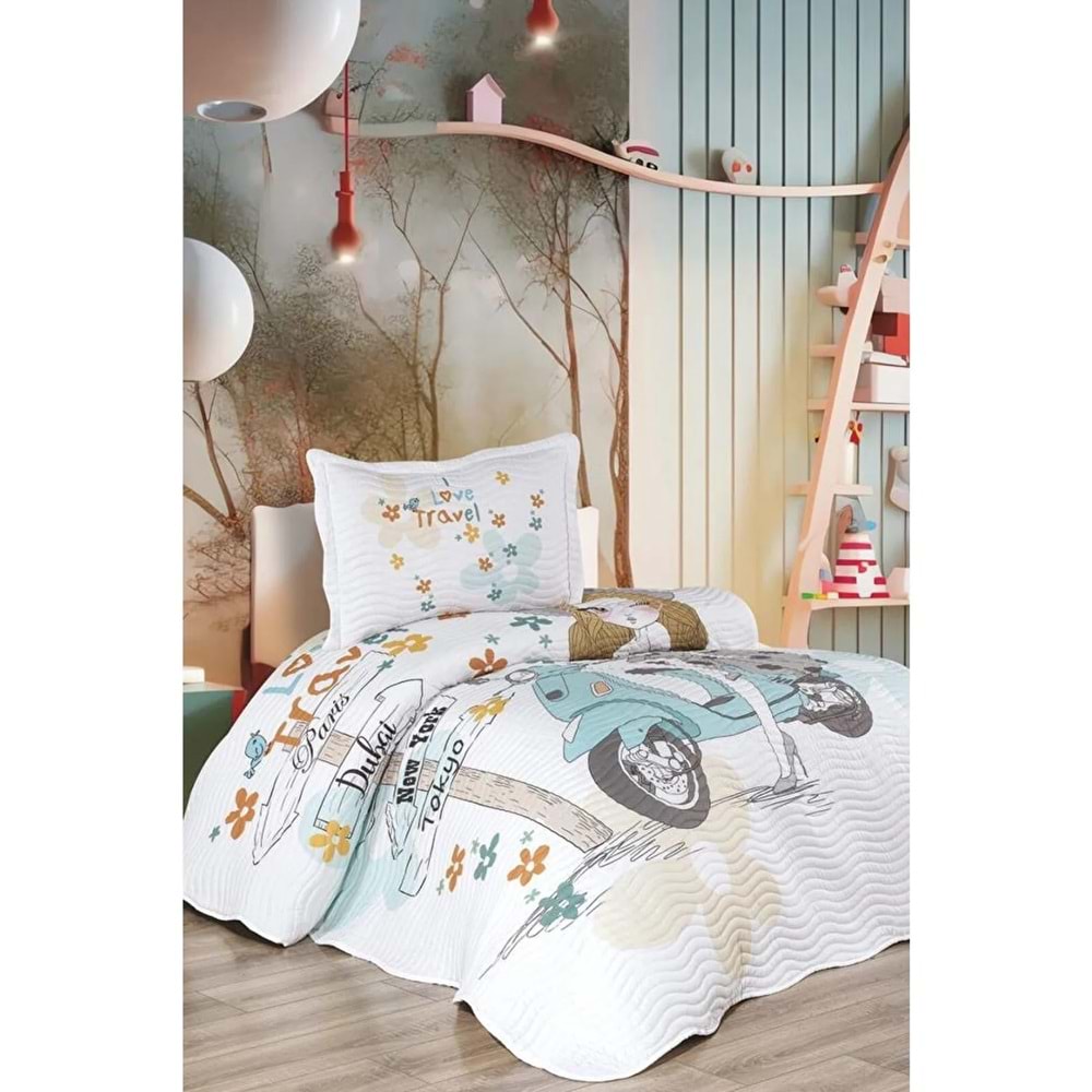 Belenay Dijital -Gezgin Kız v1- Tek Kişilik Kapitone Yatak Örtüsü (175x240)