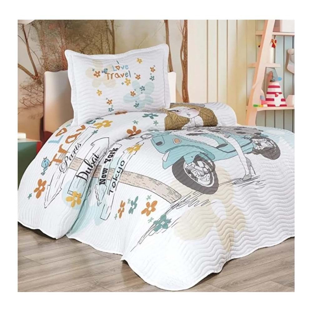 Belenay Dijital -Gezgin Kız v1- Tek Kişilik Kapitone Yatak Örtüsü (175x240)