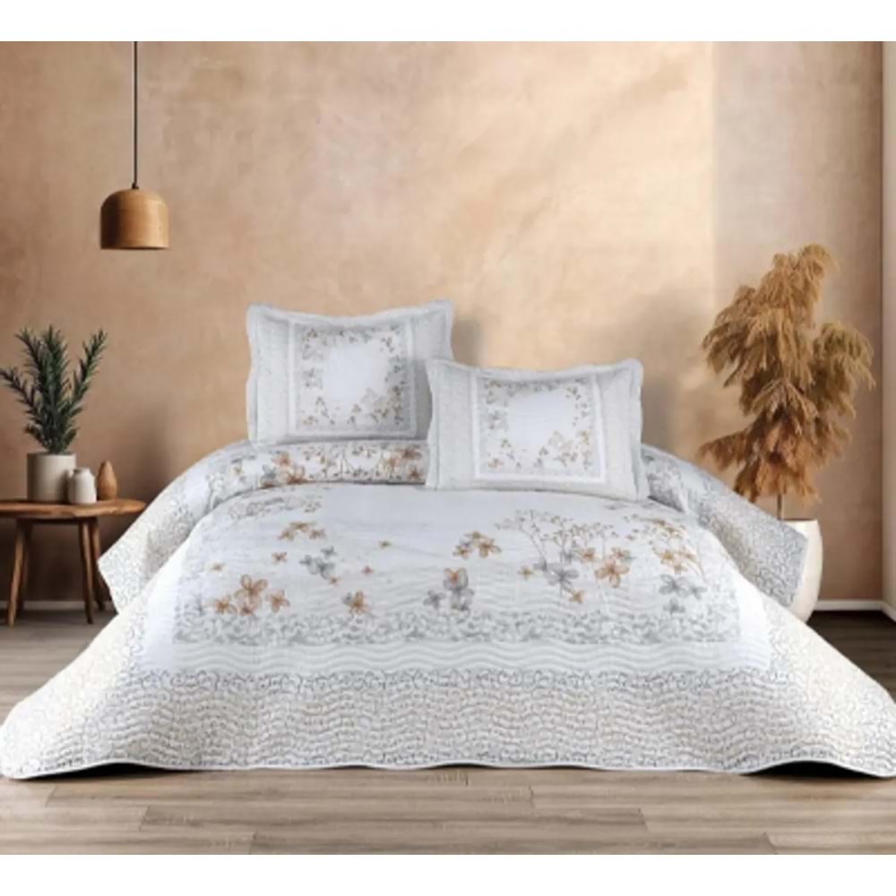 Belenay Dijital -Liora v1 Bej- Çift Kişilik Kapitone Yatak Örtüsü (240x260)