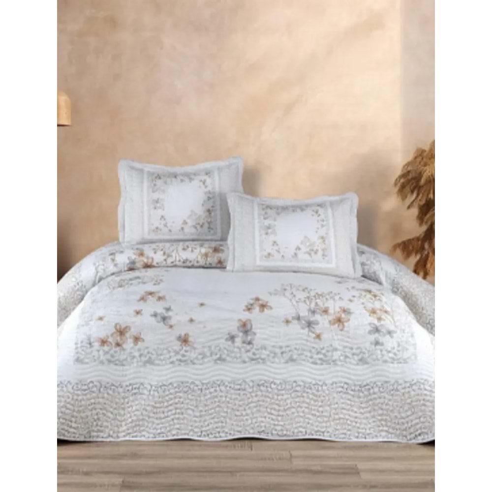 Belenay Dijital -Liora v1 Bej- Çift Kişilik Kapitone Yatak Örtüsü (240x260)