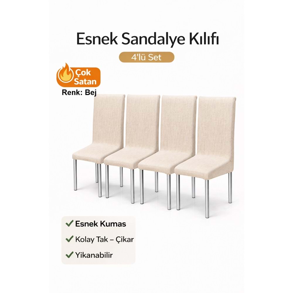 Altınkoza 4LÜ SET Jakarlı Lastikli Eteksiz Sandalye Kılıfı-Bej