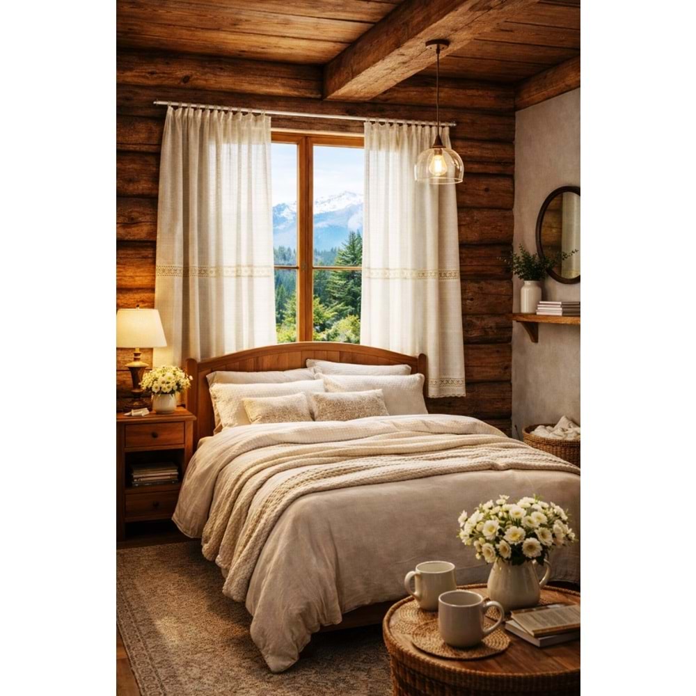 Buldan Monika 2 dantelli naturel otontik perde 150*160 2 prç