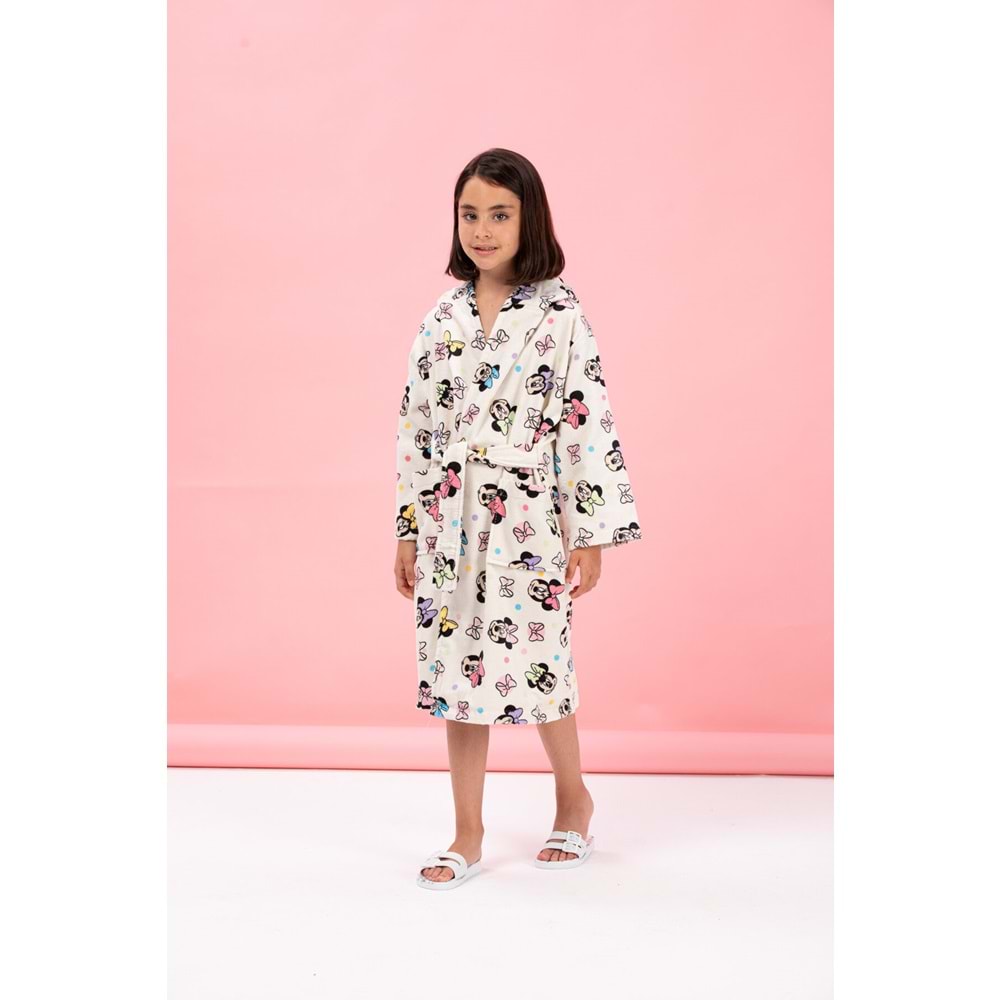 Özdilek Lisanslı Kapüşonlu Çocuk Bornozu 5/6 Yaş-Minnie Mouse Colors Krem