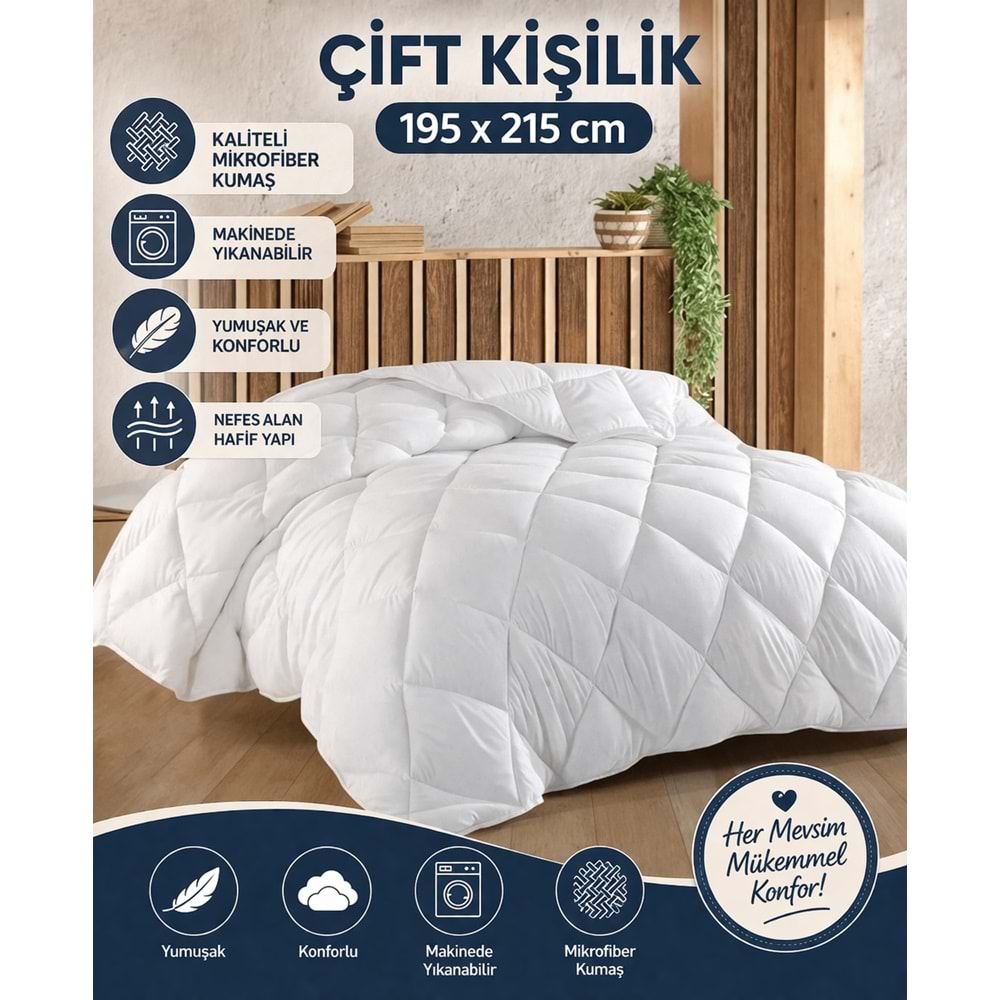 Bella Home Mikrofiber -Beyaz- Çift Kişilik Yorgan (195x215)