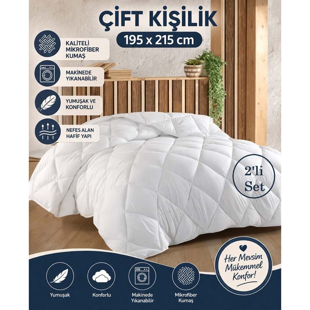 2 Adet Bella Home Mikrofiber -Beyaz- Çift Kişilik Yorgan (195x215)