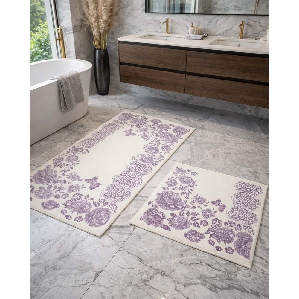 Cotton Soft -Lila Beyaz- 2li Banyo Seti, Paspas Takımı