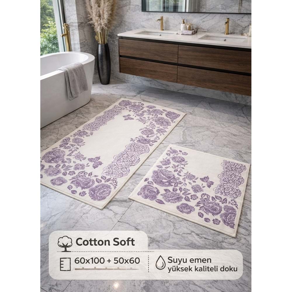 Cotton Soft -Lila Beyaz- 2li Banyo Seti, Paspas Takımı