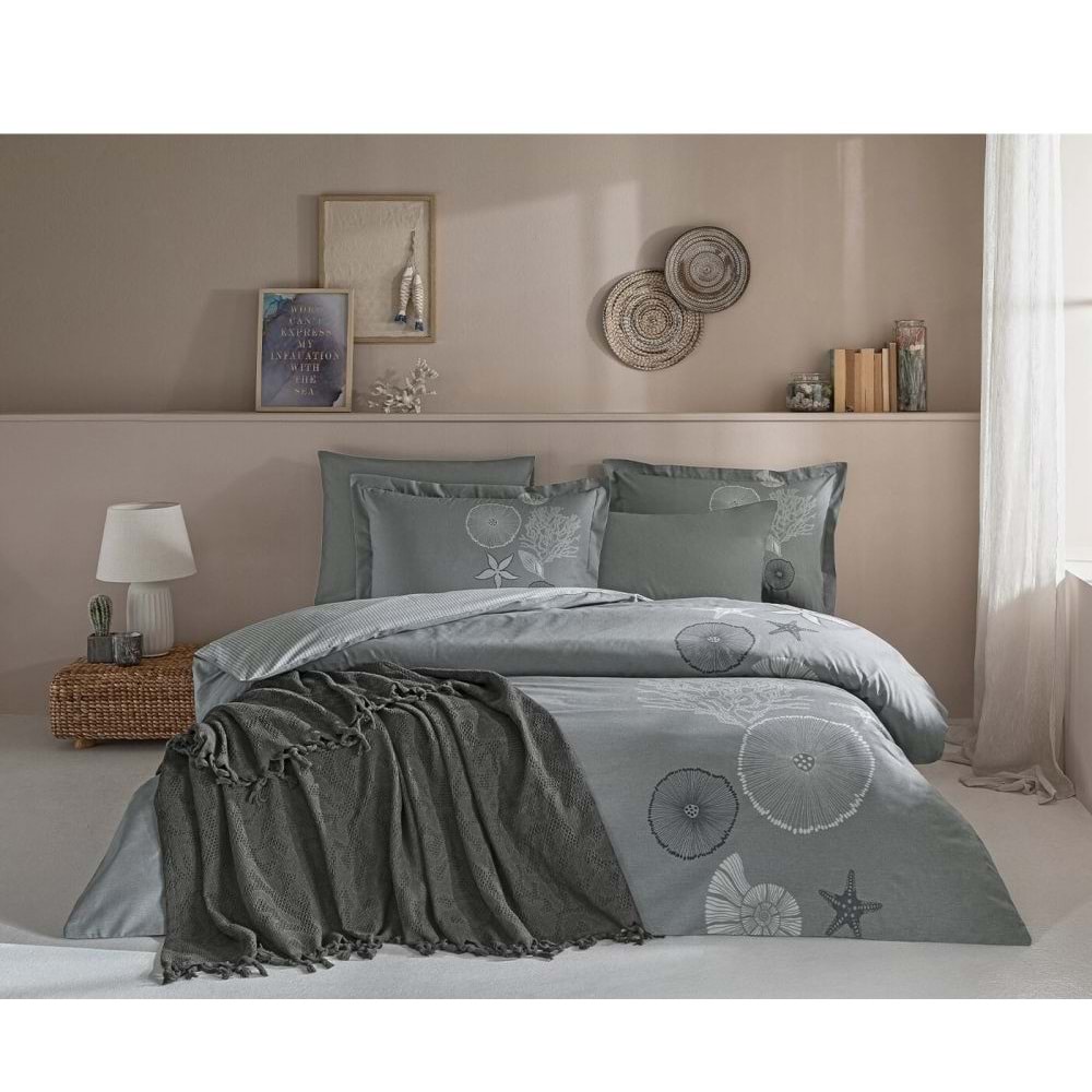 Özdilek -Corallino Antrasit- Pikeli Ranforce Çift Kişilik Nevresim Takımı (4 Yastık Kılıflı)