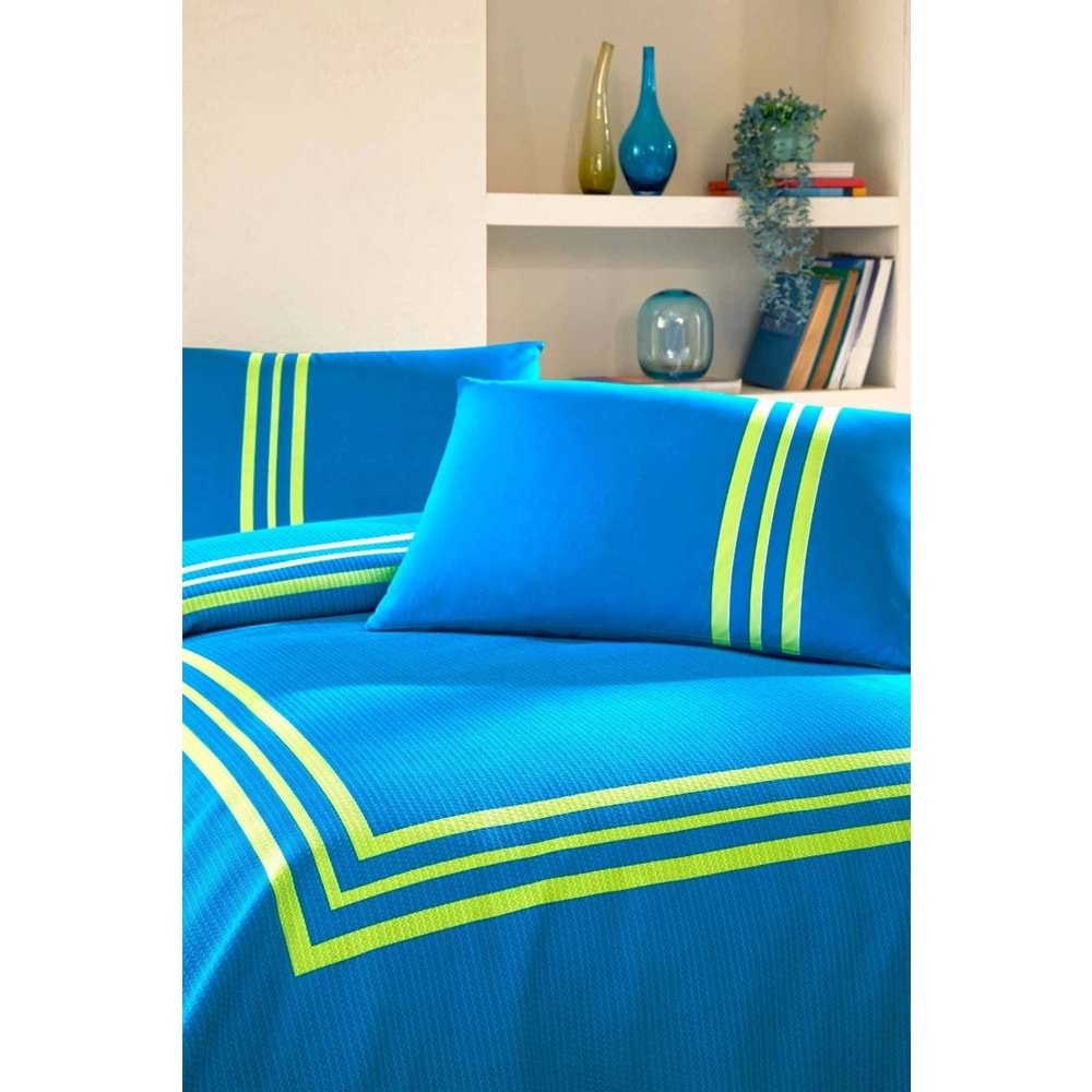 Özdilek Rf -Neon Frame Mavi- Lastikli Çarşaflı Çift Kişilik Pike Takımı