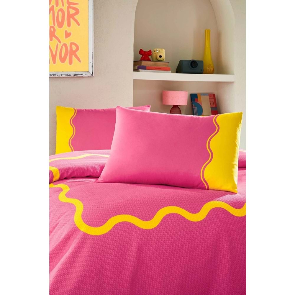 Özdilek Rf -Neon Wave Pembe- Lastikli Çarşaflı Çift Kişilik Pike Takımı