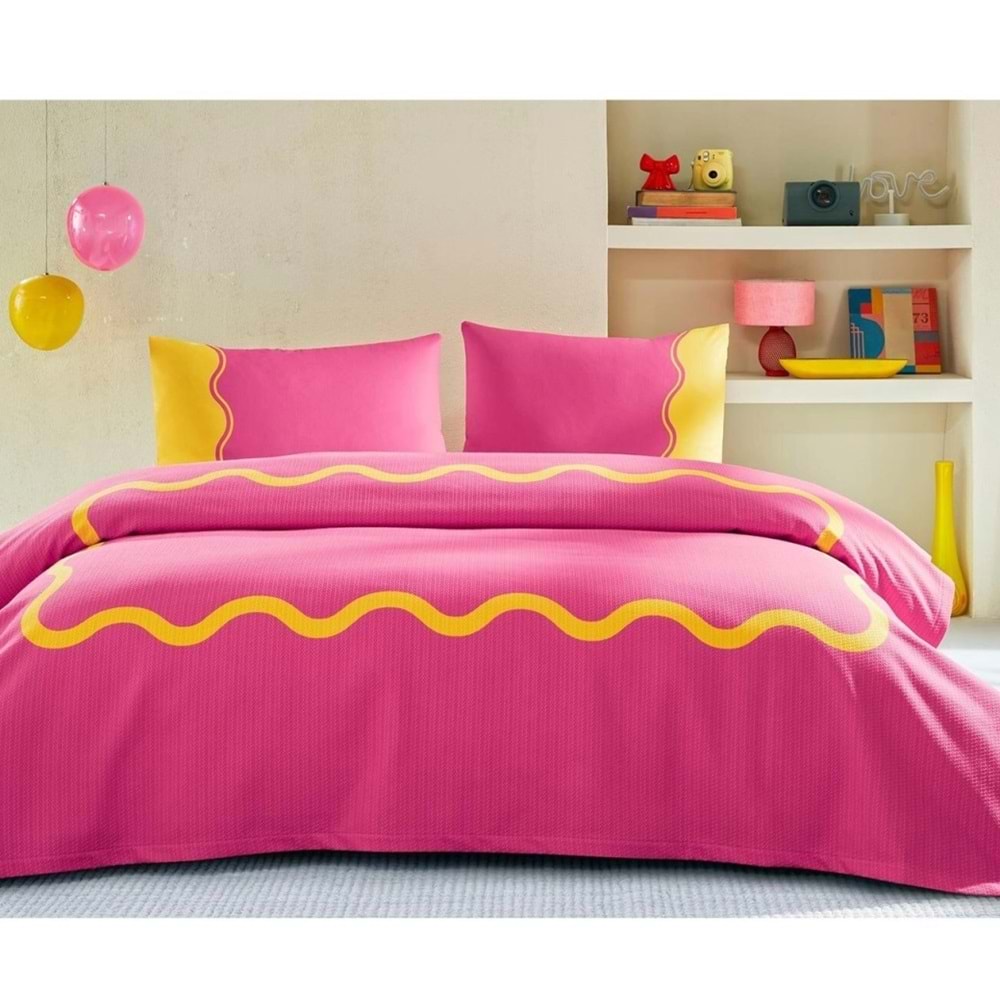 Özdilek Rf -Neon Wave Pembe- Lastikli Çarşaflı Çift Kişilik Pike Takımı