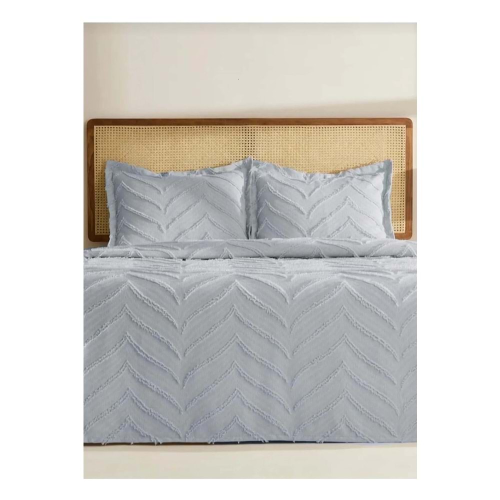 Merve -Gri- 3 Parça Şönil Sakallı Çift Kişilik Pike Yatak Örtüsü Seti (240x250)