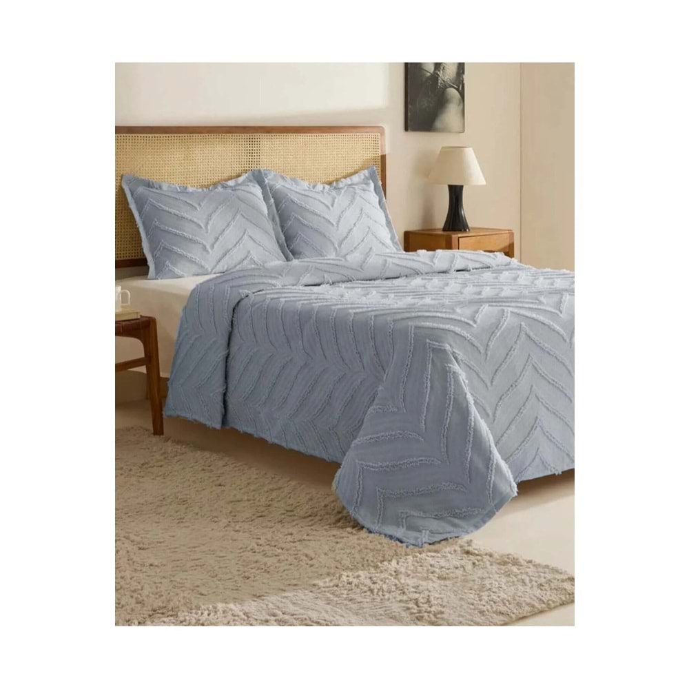 Merve -Gri- 3 Parça Şönil Sakallı Çift Kişilik Pike Yatak Örtüsü Seti (240x250)