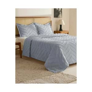 Merve -Gri- 3 Parça Şönil Sakallı Çift Kişilik Pike Yatak Örtüsü Seti (240x250)