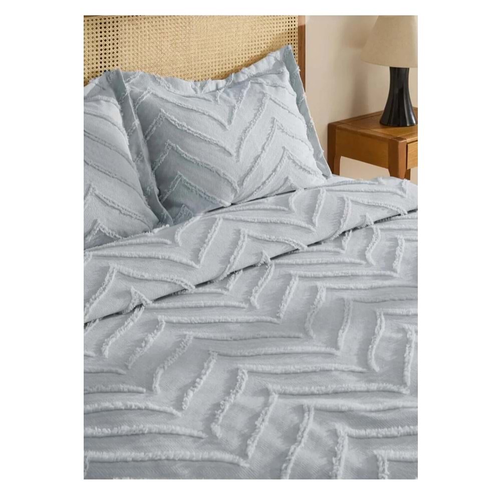 Merve -Gri- 3 Parça Şönil Sakallı Çift Kişilik Pike Yatak Örtüsü Seti (240x250)