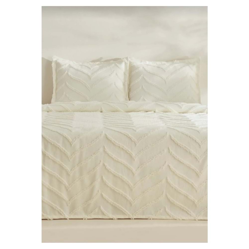 Merve -Krem- 3 Parça Şönil Sakallı Çift Kişilik Pike Yatak Örtüsü Seti (240x250)