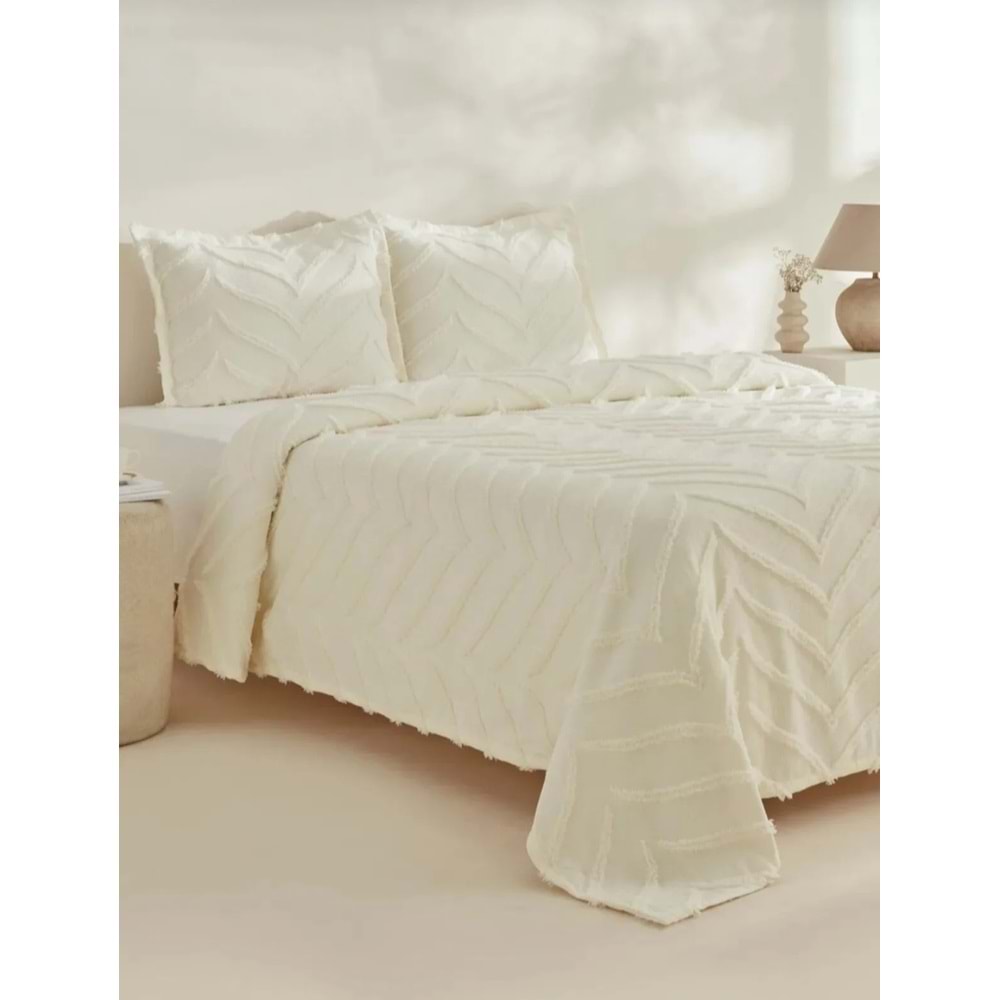 Merve -Krem- 3 Parça Şönil Sakallı Çift Kişilik Pike Yatak Örtüsü Seti (240x250)