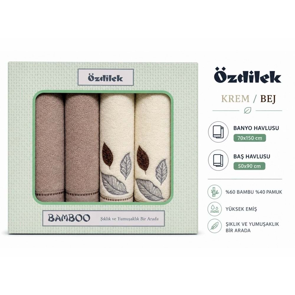 Özdilek 4 Parça Bamboo Hamam Seti -Folha De Ouro Bej Krem- Havlu Seti