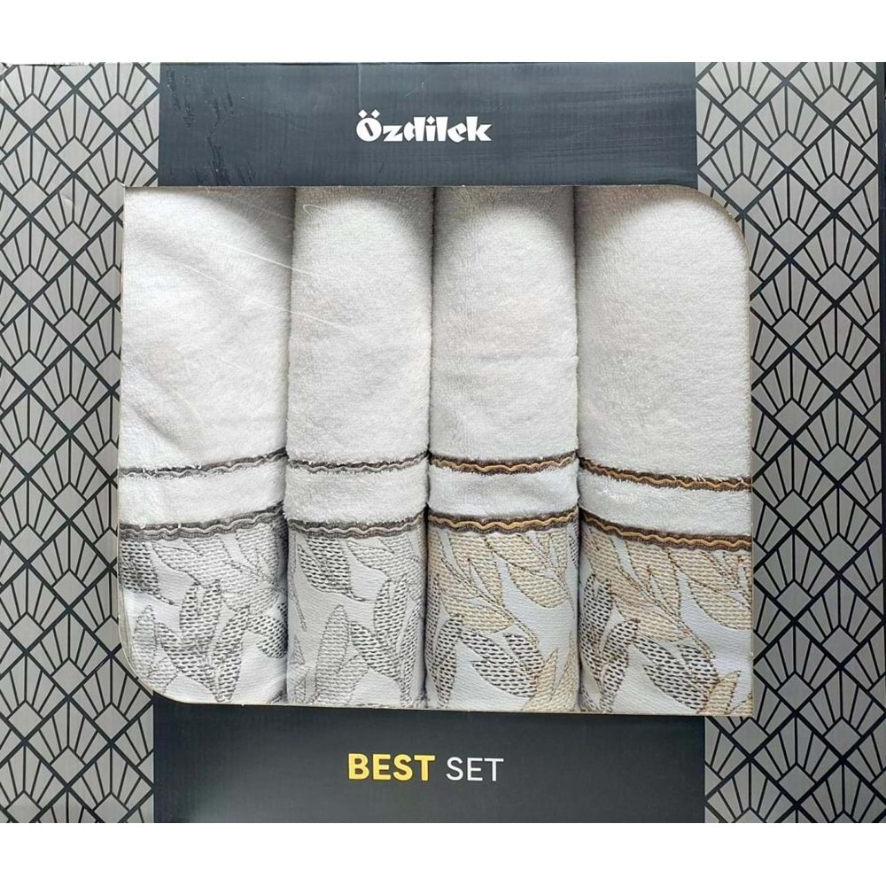 Özdilek 4 Parça Hamam Seti -Frond Yeşil Kahve- (Banyo Havlusu Büyük Boy), Havlu Seti