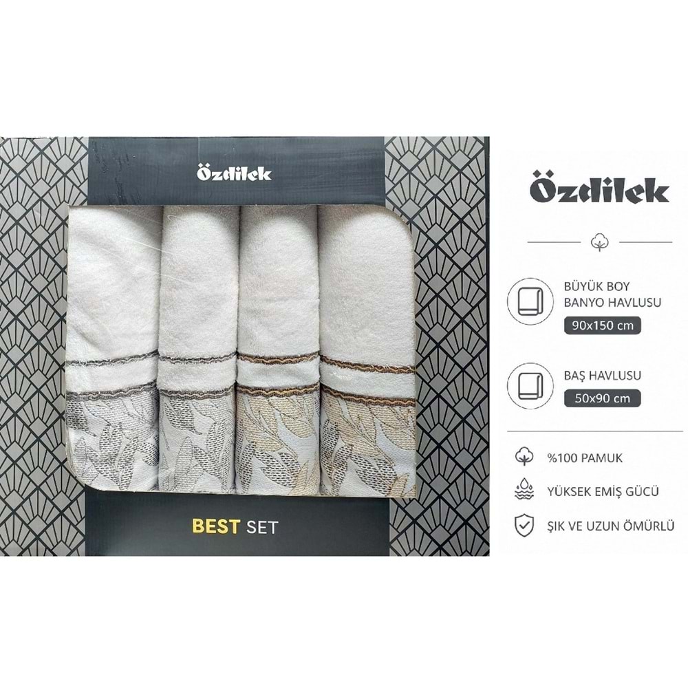Özdilek 4 Parça Hamam Seti -Frond Yeşil Kahve- (Banyo Havlusu Büyük Boy), Havlu Seti