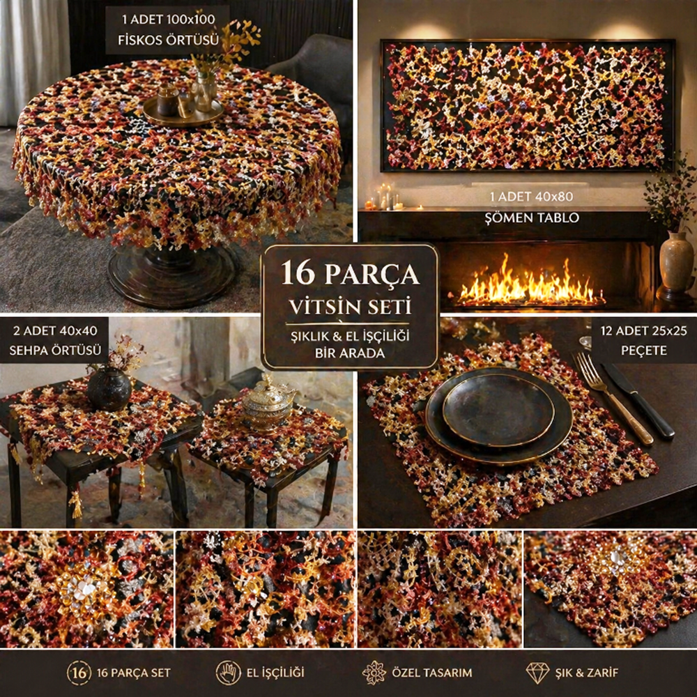 Mandaş Tığ işi El Örgü vitrin seti 16 parça alaçatı