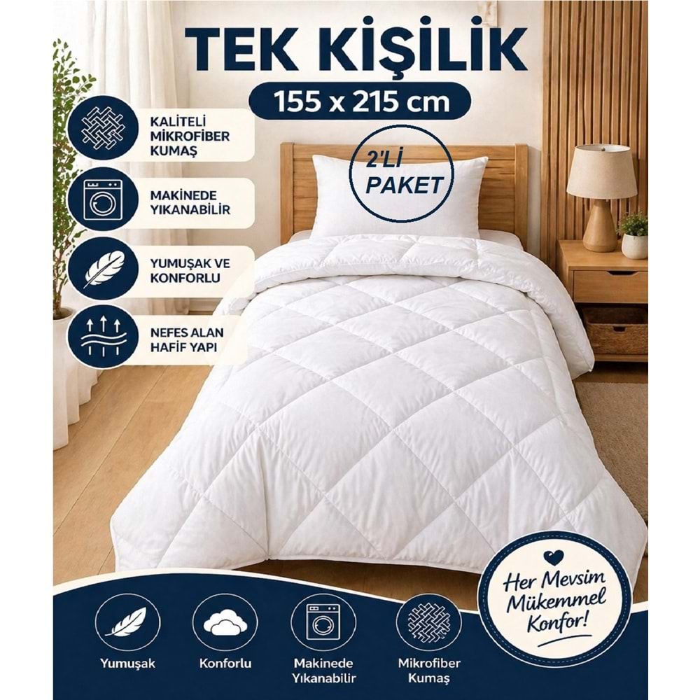 2 Adet Bella Home Mikrofiber -Beyaz- Tek Kişilik Yorgan (155x215)