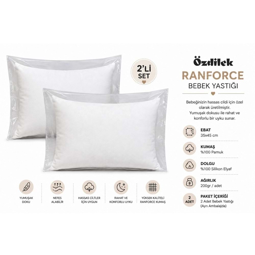 Özdilek 2li Paket %100 Pamuk Kumaş Silikon Bebek Yastığı (35x45)