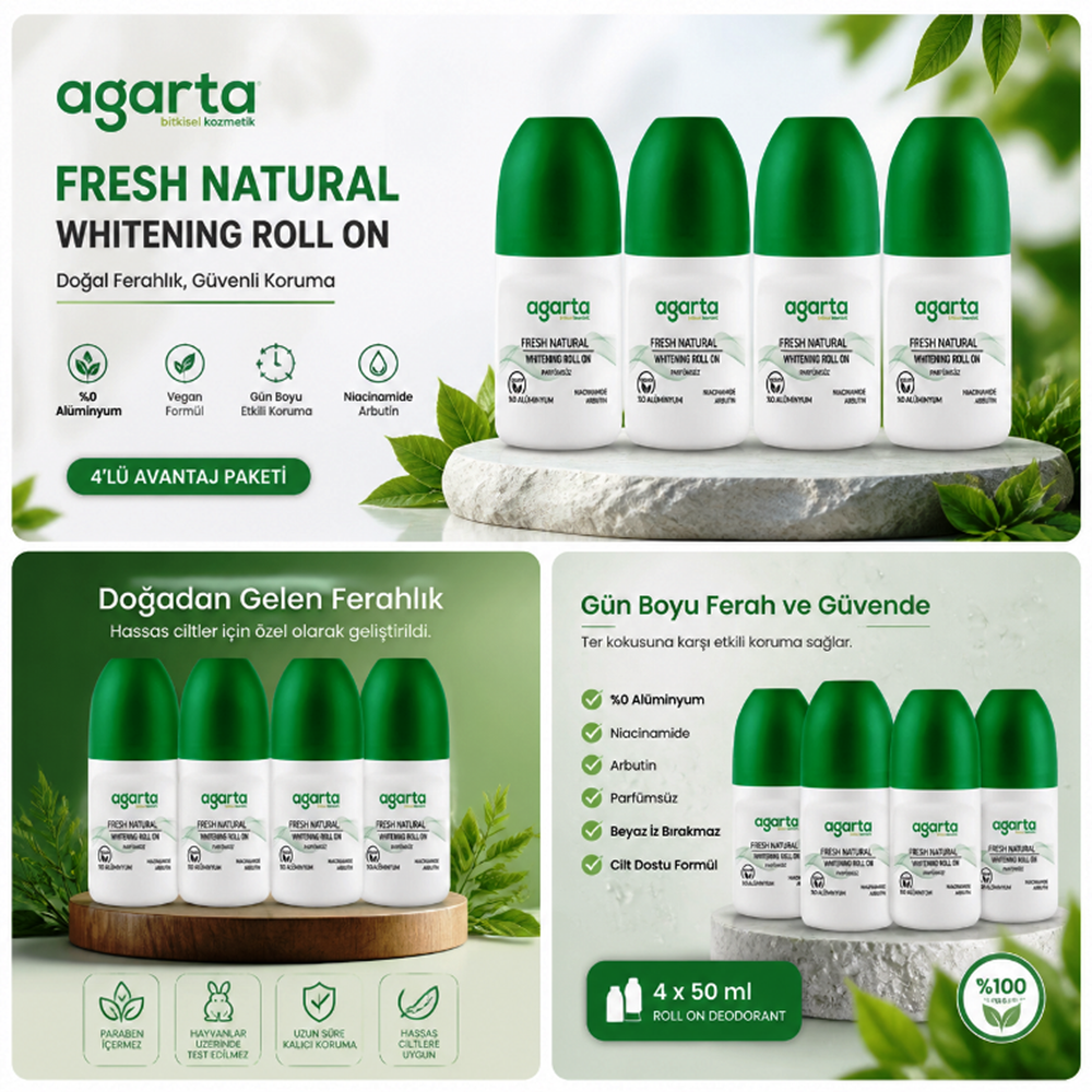 Agarta Roll-On Unisex 50 ML Parfümsüz Natural (24 Saat Etkili Ter Kokusu Önleyici) (4 Li Set