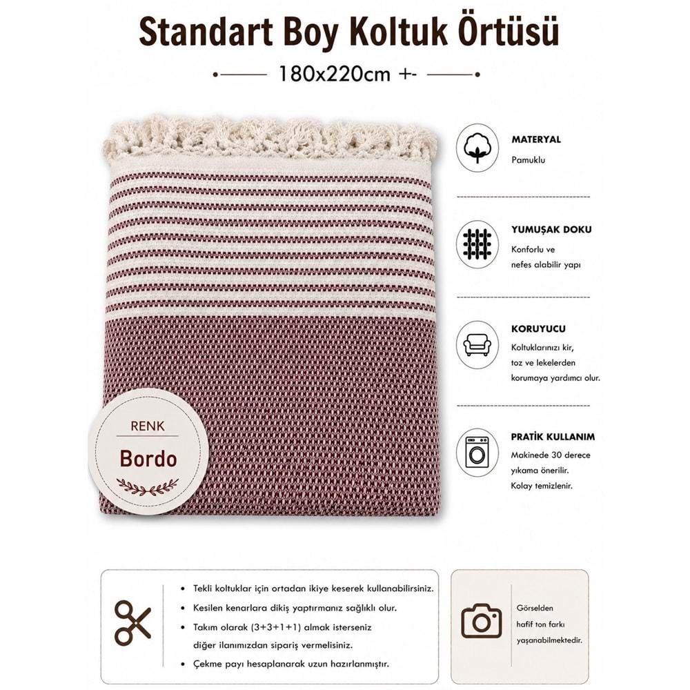 Pamuklu Kaymaz Hasır Dokuma Koltuk Örtüsü (180x220) - Bordo