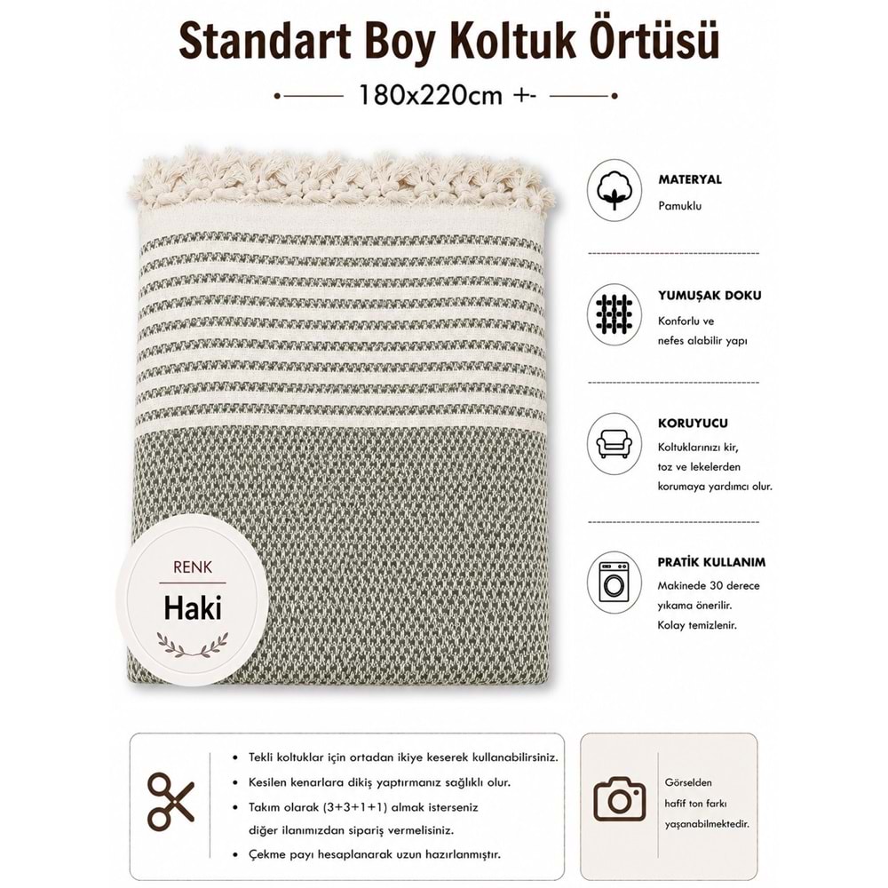 Pamuklu Kaymaz Hasır Dokuma Koltuk Örtüsü (180x220) - Haki Yeşili