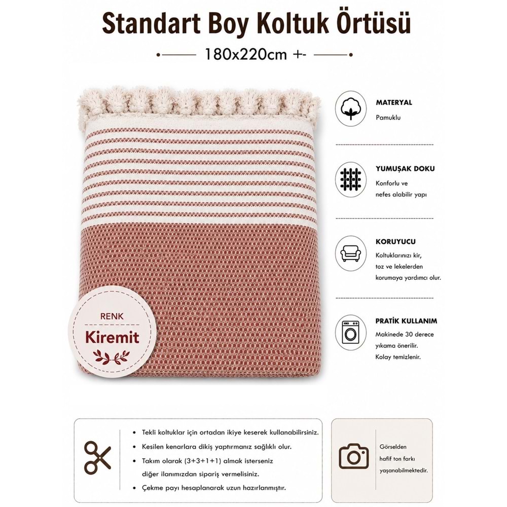 Pamuklu Kaymaz Hasır Dokuma Koltuk Örtüsü (180x220) - Kiremit