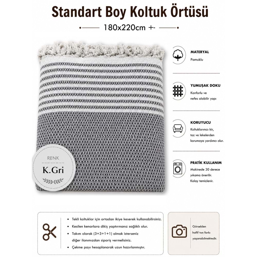 Pamuklu Kaymaz Hasır Dokuma Koltuk Örtüsü (180x220) - Koyu Gri