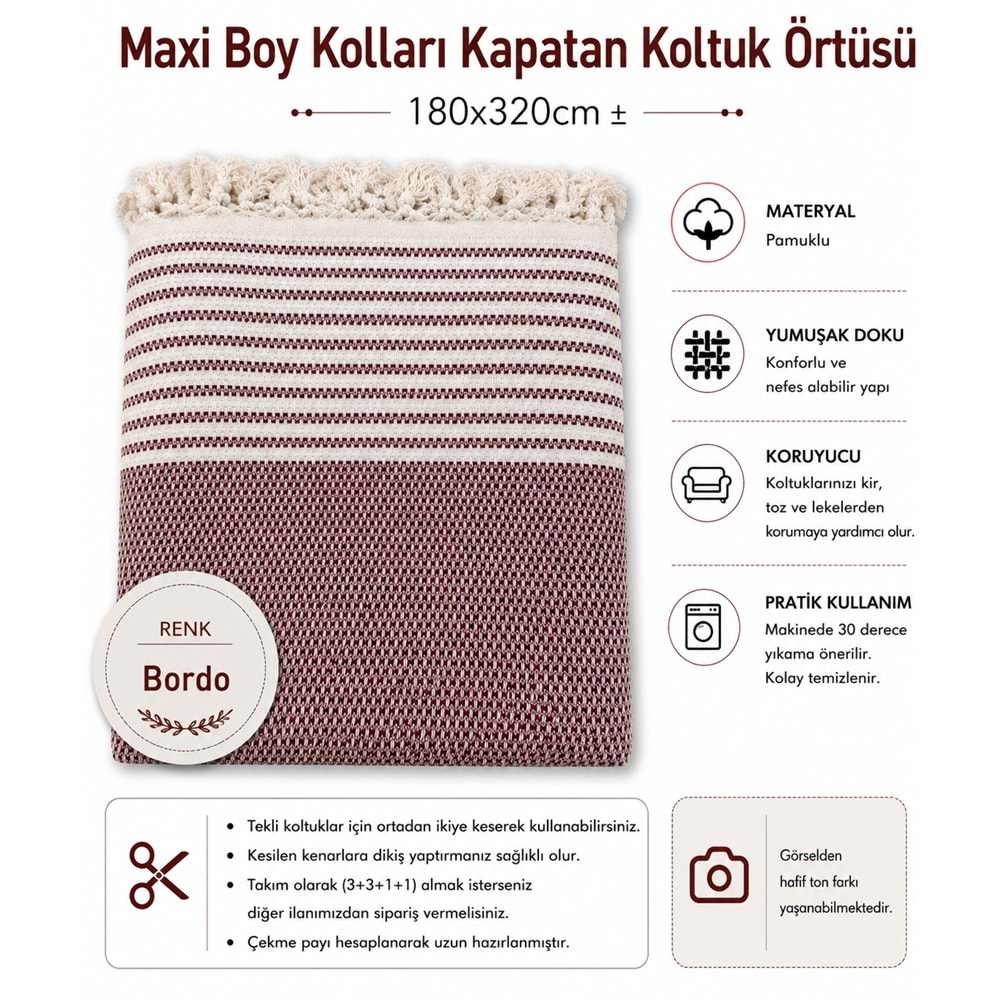 Pamuklu Kaymaz Hasır Dokuma Maxi Boy Kolları Örten Koltuk Örtüsü (180x310) - Bordo