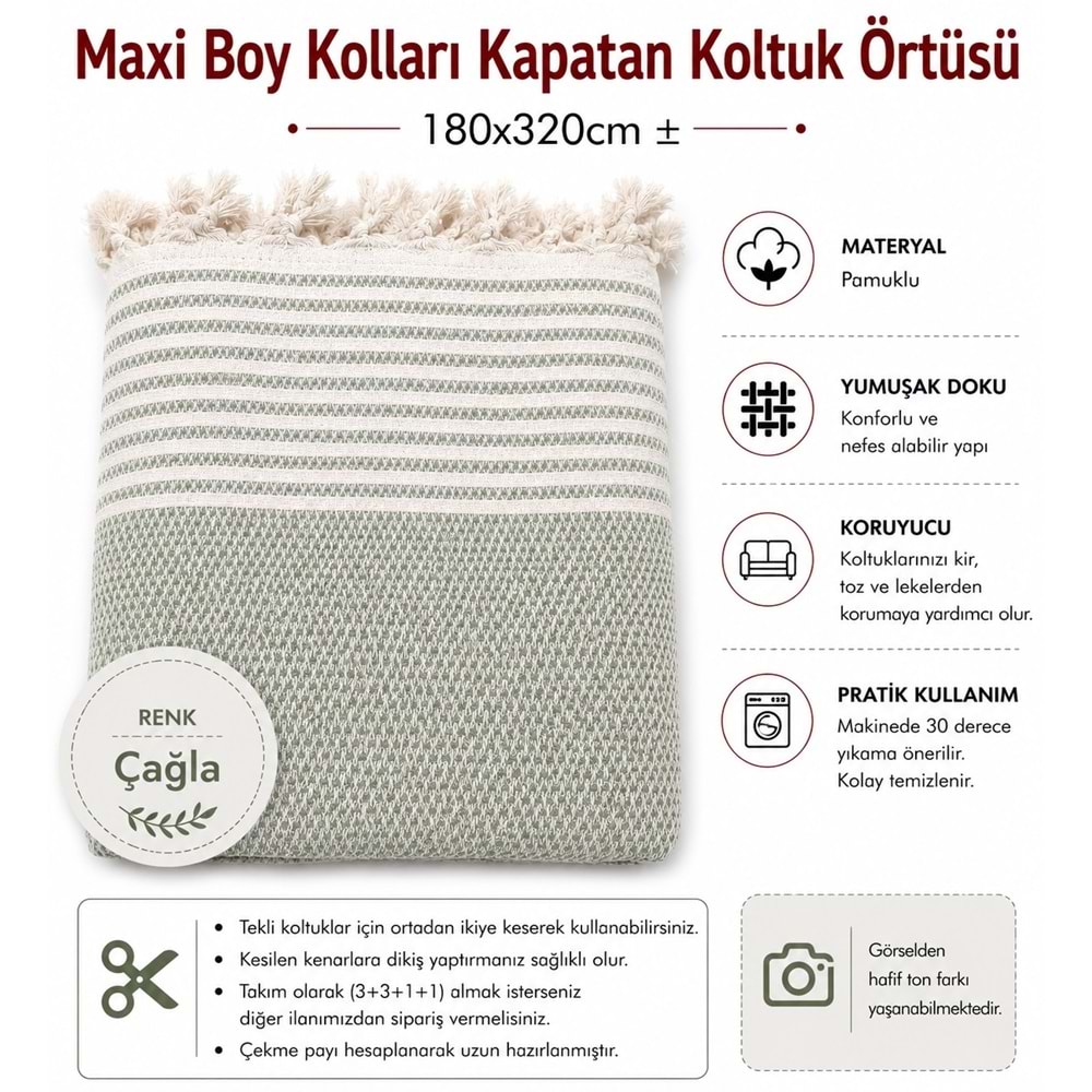 Pamuklu Kaymaz Hasır Dokuma Maxi Boy Kolları Örten Koltuk Örtüsü (180x310) - Çağla
