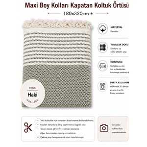 Pamuklu Kaymaz Hasır Dokuma Maxi Boy Kolları Örten Koltuk Örtüsü (180x310) - Haki Yeşili