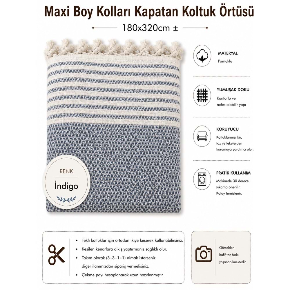 Pamuklu Kaymaz Hasır Dokuma Maxi Boy Kolları Örten Koltuk Örtüsü (180x310) - İndigo