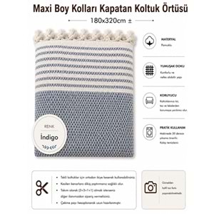Pamuklu Kaymaz Hasır Dokuma Maxi Boy Kolları Örten Koltuk Örtüsü (180x310) - İndigo