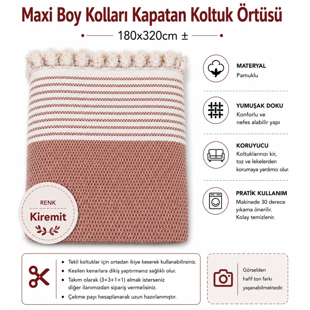 Pamuklu Kaymaz Hasır Dokuma Maxi Boy Kolları Örten Koltuk Örtüsü (180x310) - Kiremit