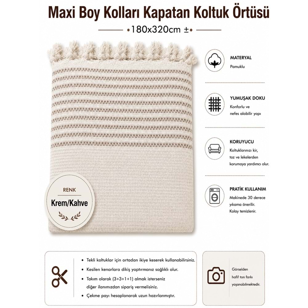 Pamuklu Kaymaz Hasır Dokuma Maxi Boy Kolları Örten Koltuk Örtüsü (180x310) - Kreme Kahve