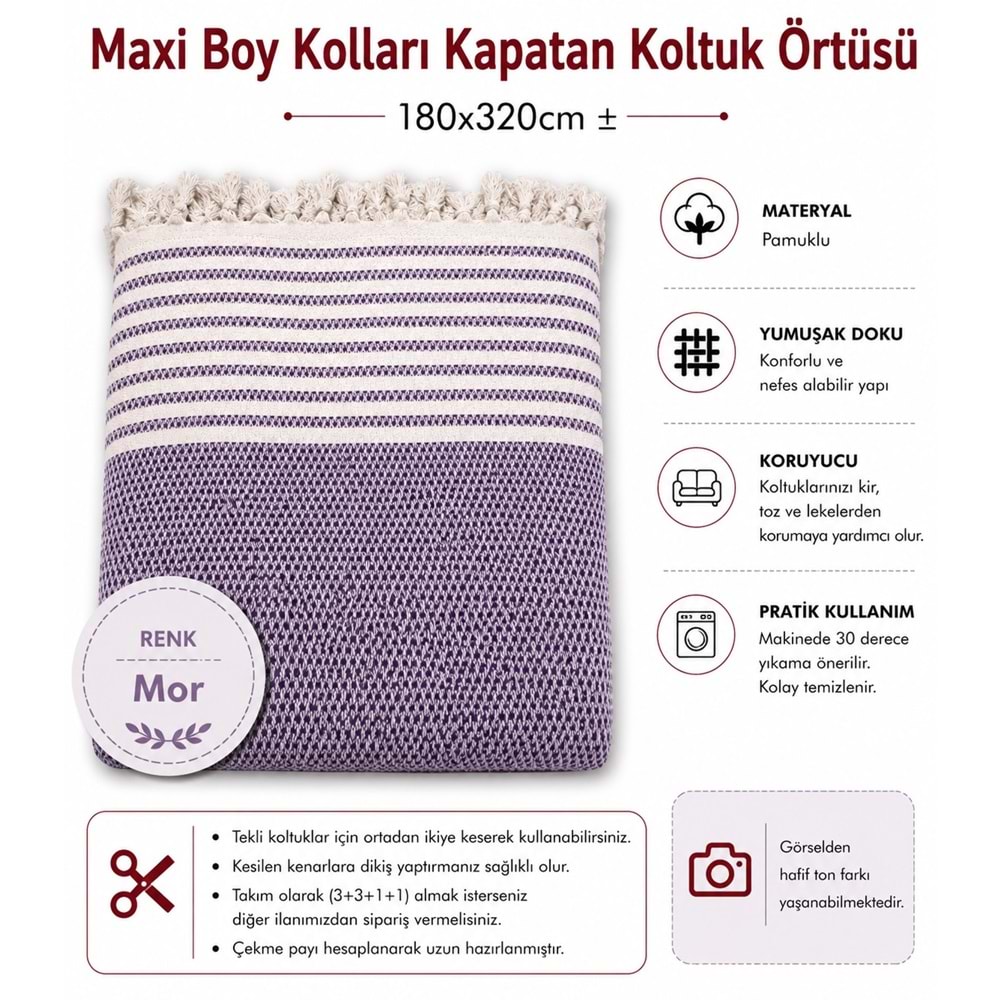 Pamuklu Kaymaz Hasır Dokuma Maxi Boy Kolları Örten Koltuk Örtüsü (180x310) - Mor