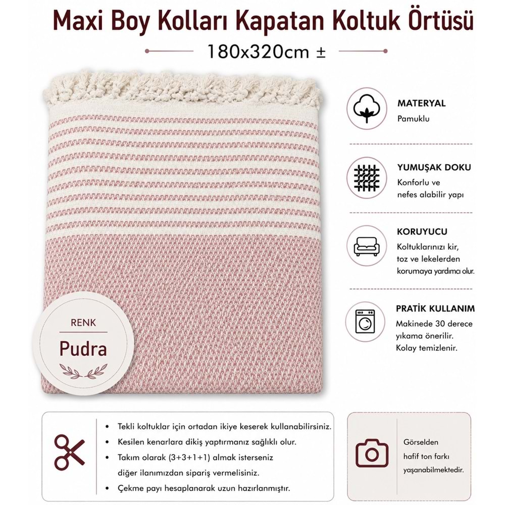 Pamuklu Kaymaz Hasır Dokuma Maxi Boy Kolları Örten Koltuk Örtüsü (180x310) - Pudra
