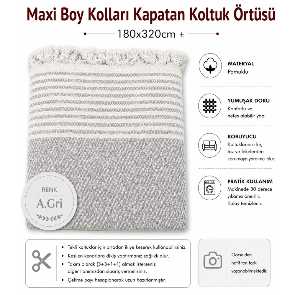 Pamuklu Kaymaz Hasır Dokuma Maxi Boy Kolları Örten Koltuk Örtüsü (180x310)