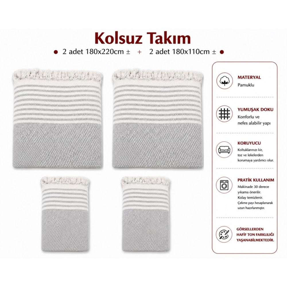 Pamuklu Kaymaz Hasır Dokuma Kolsuz Takım Koltuk Örtüsü (3+3+1+1) - Açık Gri