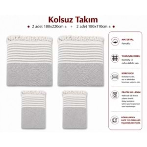 Pamuklu Kaymaz Hasır Dokuma Kolsuz Takım Koltuk Örtüsü (3+3+1+1) - Açık Gri