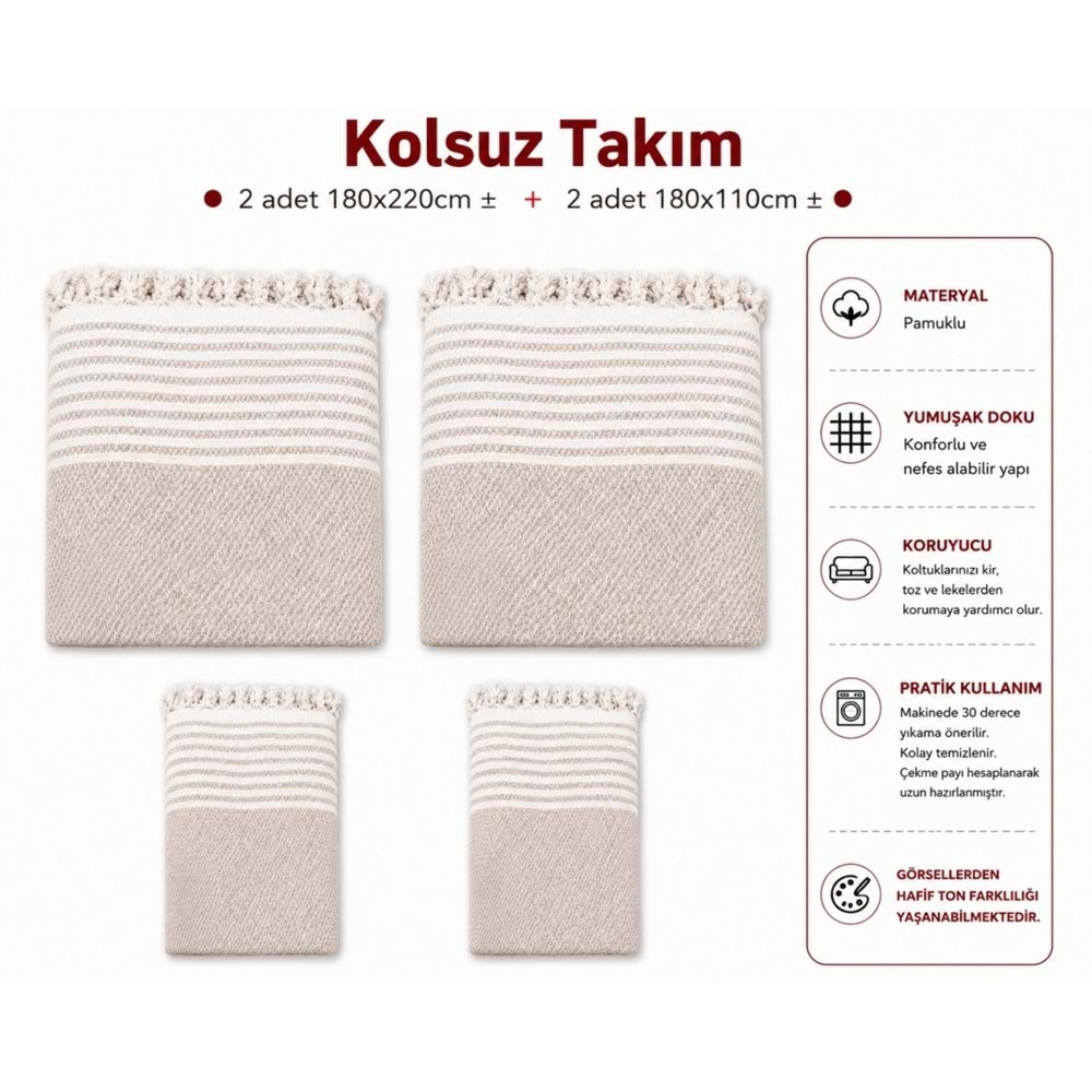 Pamuklu Kaymaz Hasır Dokuma Kolsuz Takım Koltuk Örtüsü (3+3+1+1) - Bej