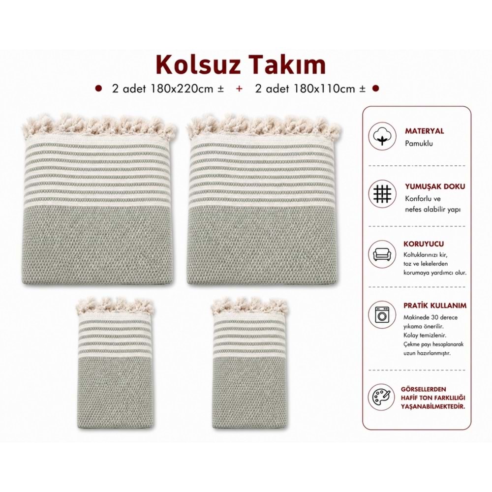 Pamuklu Kaymaz Hasır Dokuma Kolsuz Takım Koltuk Örtüsü (3+3+1+1) - Çağla