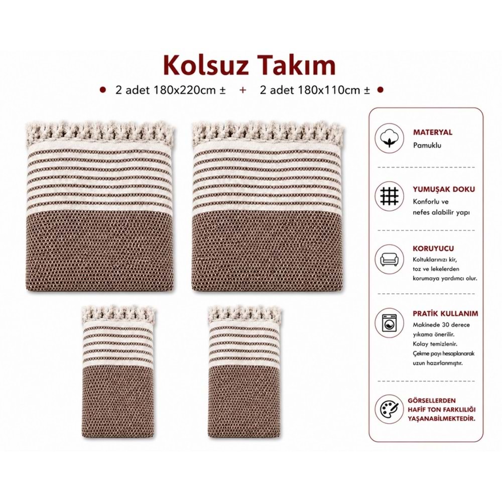 Pamuklu Kaymaz Hasır Dokuma Kolsuz Takım Koltuk Örtüsü (3+3+1+1) - Kahverengi