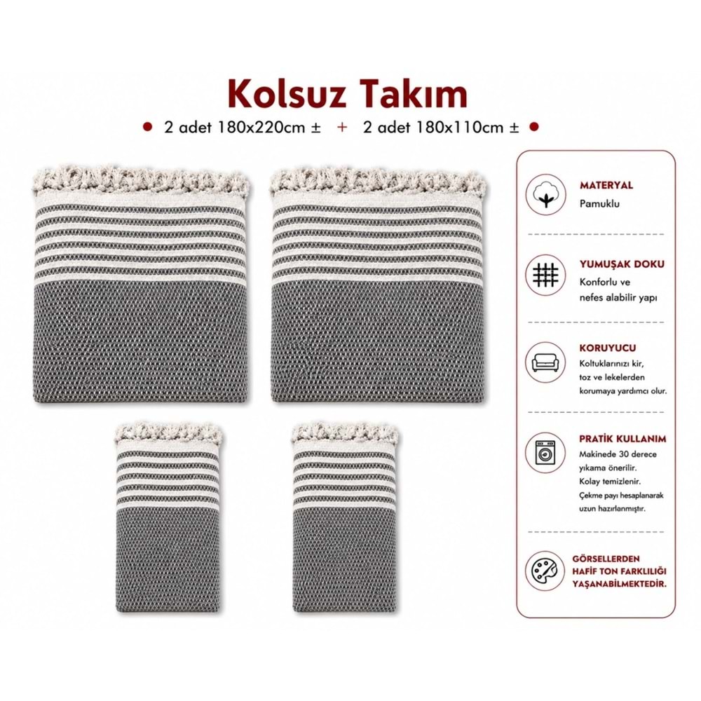 Pamuklu Kaymaz Hasır Dokuma Kolsuz Takım Koltuk Örtüsü (3+3+1+1) - Koyu Gri